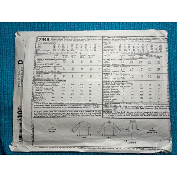 McCalls Sewing pattern 7949 womens pajamas top pant shorts size S M L - Picture 3 of 6